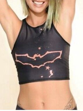 teeki Black Crop Tank with Orange Bleach Bat Graphic